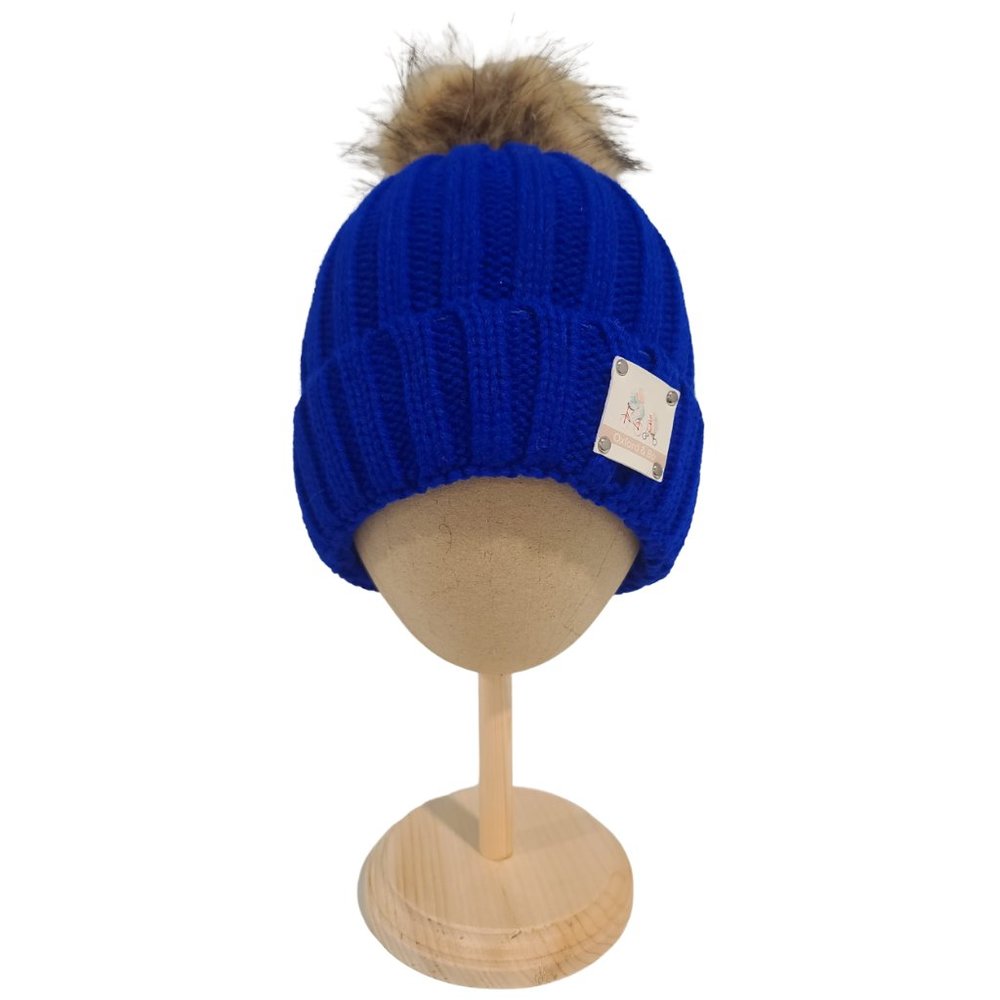 Hunter Knit Beanie With Faux Fur Pom Pom, Blue
